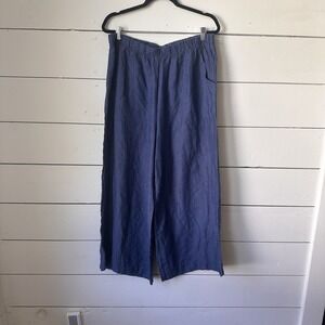 Match Point Navy Linen Wide Leg Cropped Pull On Pant Lagenlook Coastal XL Resort